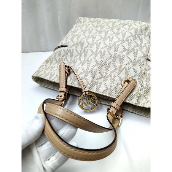 Michael Kors Jet Set Gray Crossgrain Leather MK Printed Pocket Tote Shoulder Bag - Picture 5 of 16